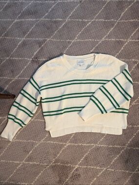 Pink Rose Cream Crewneck Sweater with Green Stripes